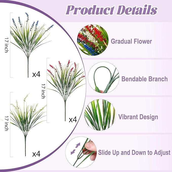 Artificial Faux Plants for Outdoor Spring Decoration, 12 Pcs Fake Monkey Grass for Garden Porch Balcony Planters, Fake Flowers Shrubs UV Resistant No Fade Plants Greenery Bush (Red Blue White)