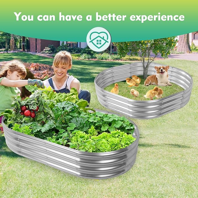 5X2.7X1 FT Oval Galvanized Metal Garden Raised Bed/Plant Box for Planting,32 Inches Diameter Iron Fire Pit Ring,Small Animal Fence-3 in 1 Modular Design in Black (Silver, 60X32X11.5 Inches)