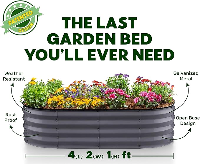 Plant & Plot Galvanized Raised Garden Beds Outdoor // 4×2×1 ft Planter Raised Beds for Gardening, Vegetables, Flowers // Large Metal Garden Box (Gray) // Patent Pending Tool-Free Assembly
