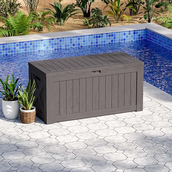 Patiowell 120 Gallon Large Deck Box, Outdoor Lockable Storage Box for Gardening Tools, Waterproof Deck Box for Patio Furniture, Brown