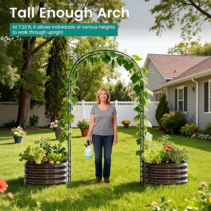 DoCred 3 in 1 Raised Garden Bed with 87in Tall Arch Trellis for Climbing Plants, Galvanized Planter Garden Box Outdoor for Gardening, Climbing Vegetables, Flower, Wood Grain