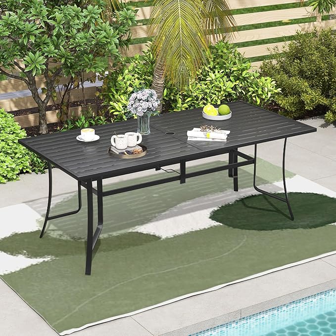 Tangkula 76" x 36" Metal Patio Dining Table for 8, Rectangle Heavy Duty Outdoor Dining Table with Umbrella Hole, 8-Person Outside Dining Furniture for Porch, Garden, Balcony and Backyard