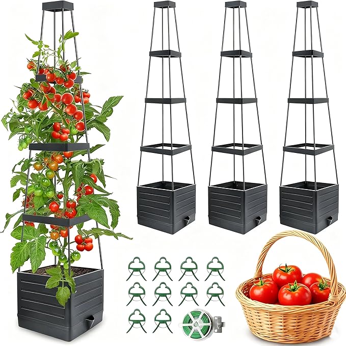 Raised Garden Bed 4 Packs, Planter Boxes with Trellis 58.3'' Tomato Planters for Climbing Vine Vegetables Flowers Plants Self Watering Tomatoes Cage for Outdoor Patio Greenhouse