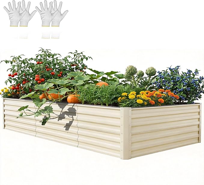 YITAHOME 8x4x2ft Large Raised Garden Bed Kit, Galvanized Metal Planter Box with Gloves, Support Rod & Safety Rubber, Outdoor Above Ground Planters for Plants Vegetables Flowers, Cream Yellow