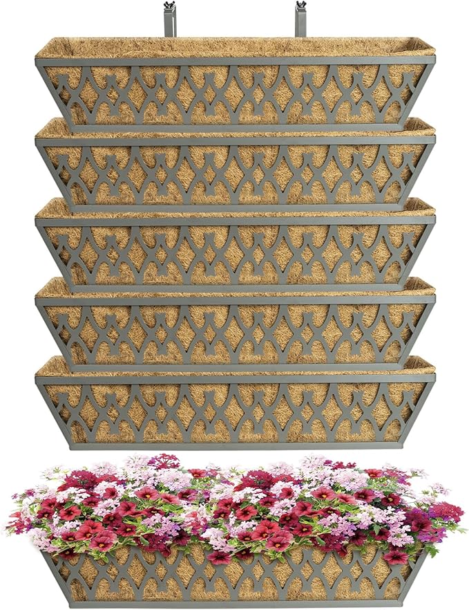 6 Pack 24 Inch Window Boxes Planters Railing Planter Box with Adjustable Brackets for Porch Fence Patio Balcony Hanging Flower Baskets with Coco Liners for Outdoor Garden Decor - Dark Grey