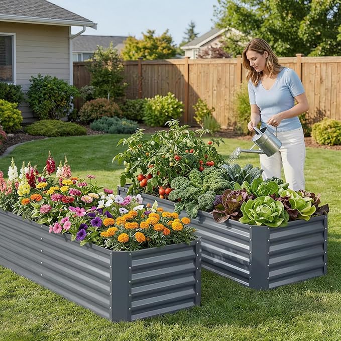 ZORMY 6×2×1.4ft Galvanized Raised Garden Bed Kit, Metal Planter Boxes Outdoor, High Raised Beds for Vegetables, Fruits, and Flowers - IronGrey