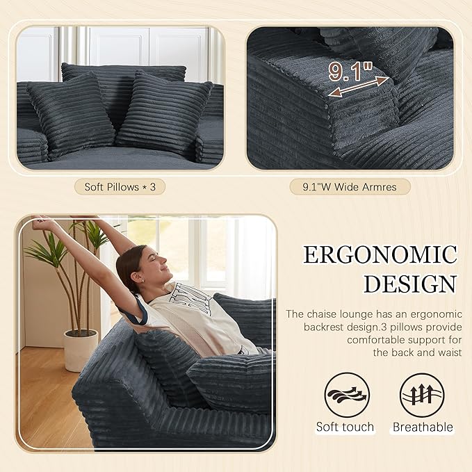 80 Inch Chaise Lounge Chair Indoor, Oversized Corduroy Upholstered Boneless Sofa Bed, Deep Seat Sleeper Couch Reading Chairs, Cloud Sofas Couches for Living Room, No Assembly Required (Dark Grey)