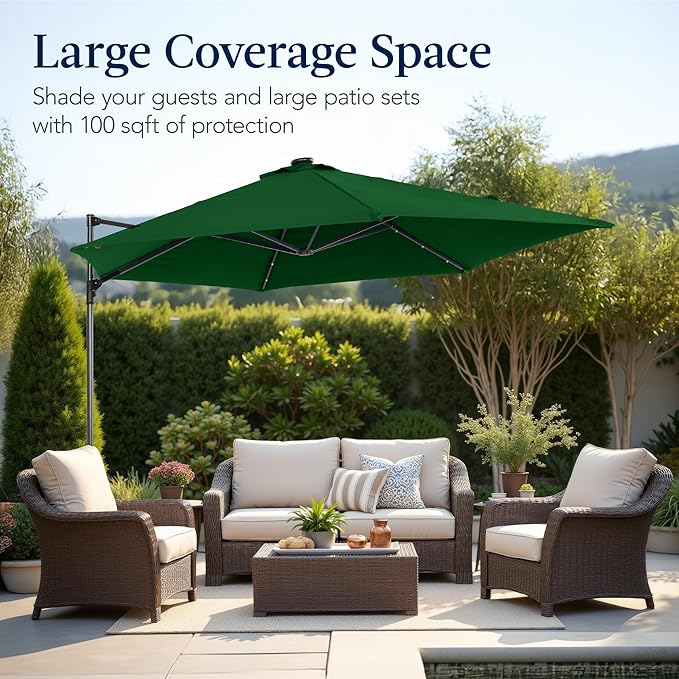 Best Choice Products 10ft Solar LED Offset Cantilever Hanging Market Patio Umbrella, Smooth 360° Rotation, 8 Sturdy Ribs, Easy Adjustment - Green