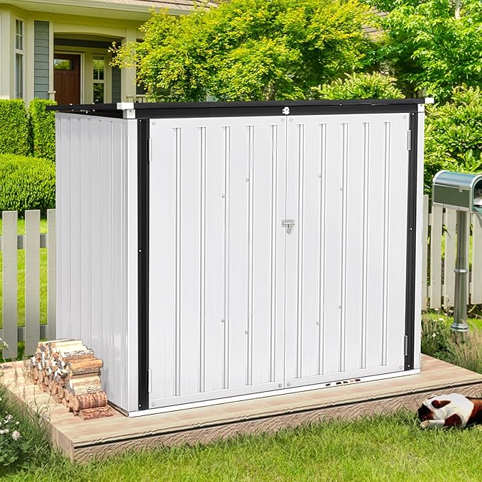 AECOJOY Outdoor Trash Can Storage, 46 Cu.Ft White Trash Can Storage Cabinet Shed Outdoor Horizontal Storage Cabinet Waterproof, Garbage Can Storage Bicycle Sheds & Outdoor Storage Clearance