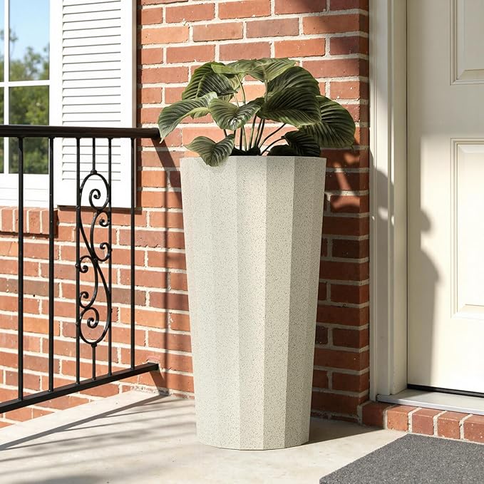 23.6" Tall Outdoor Planters Set of 2, Large Planters for Outdoor Plants for Porch Decor with Drainage Hole, Wide Stripe Design Porch Flower Pots for Indoor Pot Patio/Garden, Off White