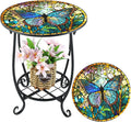 Outdoor Side Table Round Small Mosaic Patio Accent Indoor End Plant Coffee Tea Table for Yard Patio Porch Garden Living Room, Bedroom(Butterfly Style,14 Inch)