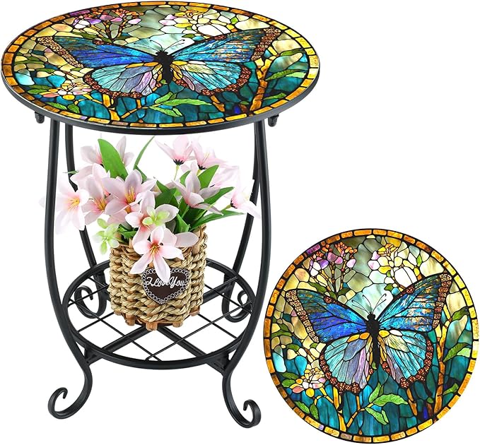 Outdoor Side Table Round Small Mosaic Patio Accent Indoor End Plant Coffee Tea Table for Yard Patio Porch Garden Living Room, Bedroom(Butterfly Style,14 Inch)