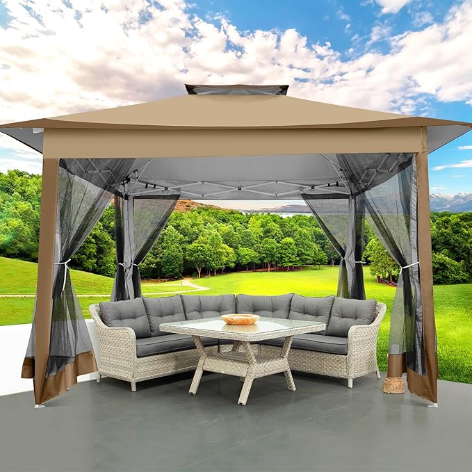 COBIZI 12x12 Pop up Gazebo on Clearance Canopy Tent, carpas para Patio, Outdoor Canopy with Portable Carrying Bag for Vendor, Outdoor Patio Gazebo for Garden, Backyard,Beach, Brown