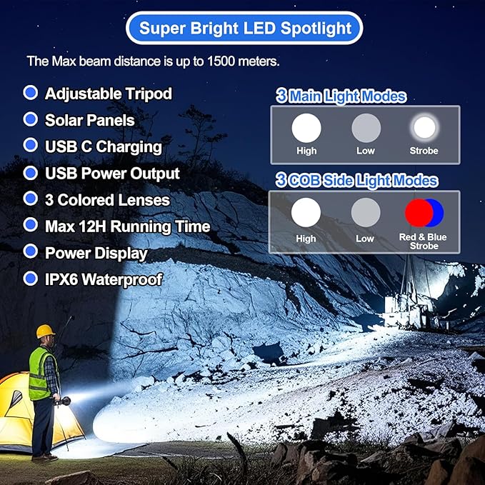 Rechargeable Spotlight Flashlight, Peascat 3,000,000L Lumens LED Handheld Spot Light, 6 Modes, 3 Colored Lenses, Solar & USB-C Charging, Tripod, IPX6 Waterproof for Fishing, Camping, Outdoor Emergency