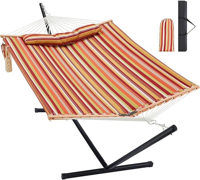 Two Person Hammock with Stand for Outside Heavy Duty, Outdoor Patio Hammock with Portable Steel Stand, Large Double Hammocks,480lbs Capacity.(Red)