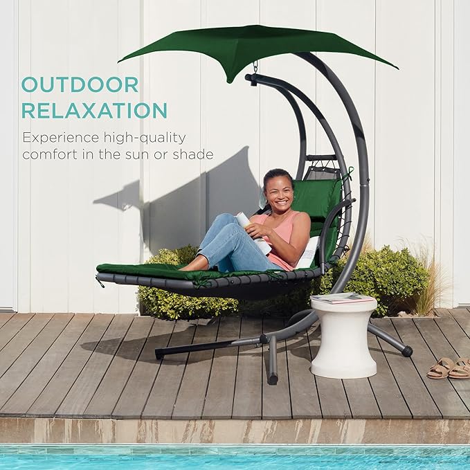 Best Choice Products Outdoor Hanging Curved Steel Chaise Lounge Chair Swing w/Built-in Pillow and Removable Canopy - Green