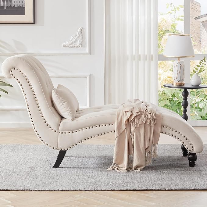 Tufted Soft Chaise Lounge Indoor, Linen Rivets Chaise Lounge Chair for Bedroom Living Room, Armless Upholstered Chaise Couch Chair with Square Cushions and Solid Wood Legs, Beige