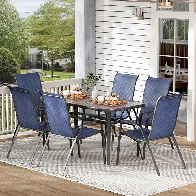 TLSUNNY 7 Pieces Patio Dining Set, Outdoor Table and Chairs W/1.69″ Umbrella Hole, 30"X 55" Table and Stackable Textilene Chair, All Weather Patio Furniture Set (Umbrella not Included) (Navy Blue)