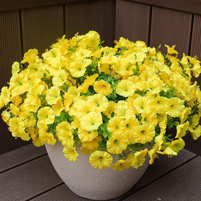 Artificial Flowers for Outdoors, UV Resistant Fake Silk Morning Glory, Realistic Faux Plants for Outside Porch Patio Window Box Hanging Planter (16, Yellow)