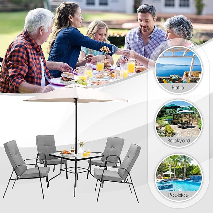 Tangkula 35" Patio Dining Table for 4, Square Outdoor Dining Table with Tempered Glass Tabletop, 1.65" Umbrella Hole & Metal Frame, 4-Person Outside Dining Table for Backyard, Lawn, Deck & Poolside