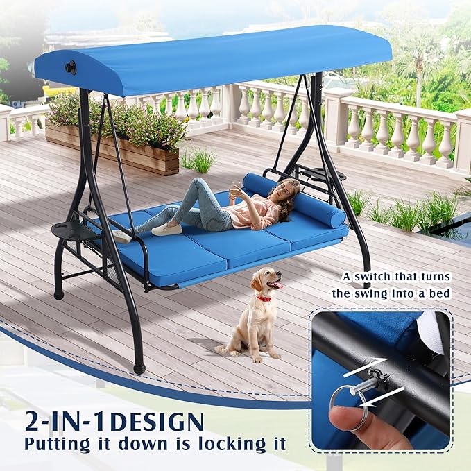 Grepatio Outdoor Porch Swing with Canopy and Stand, 3 Person Patio Swing for Adults, Convertible 2 in 1 Porch Bed Swing with Cup Holder, 3 Seat Swings with 2 Pillow Cushions for Garden, Yard (Blue)