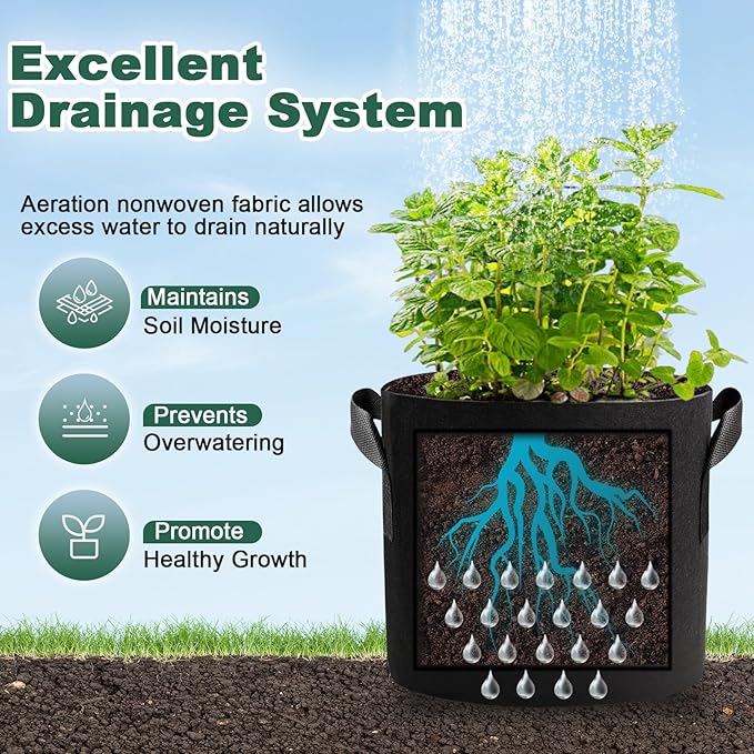5 Pack 5 Gallon Grow Bags, Thickened Aeration Nonwoven Fabric Plant Pots with Handles, Heavy Duty 300G Garden Planting Bag for Tomato, Potato, Strawberry, Vegetable, Fruits and Flowers