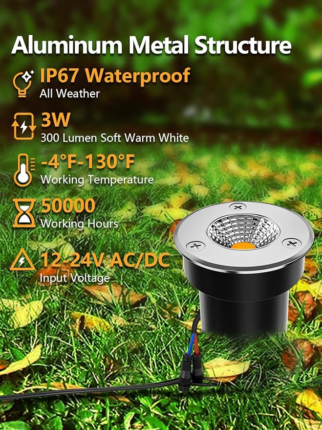 ZUCKEO Low Voltage Landscape Lights LED Well Lights 3W 12V-24V in Ground Light IP67 Waterproof Outdoor Low Voltage Landscape Lighting for Floor Driveway Deck Step Garden (8 Pack Warm White)