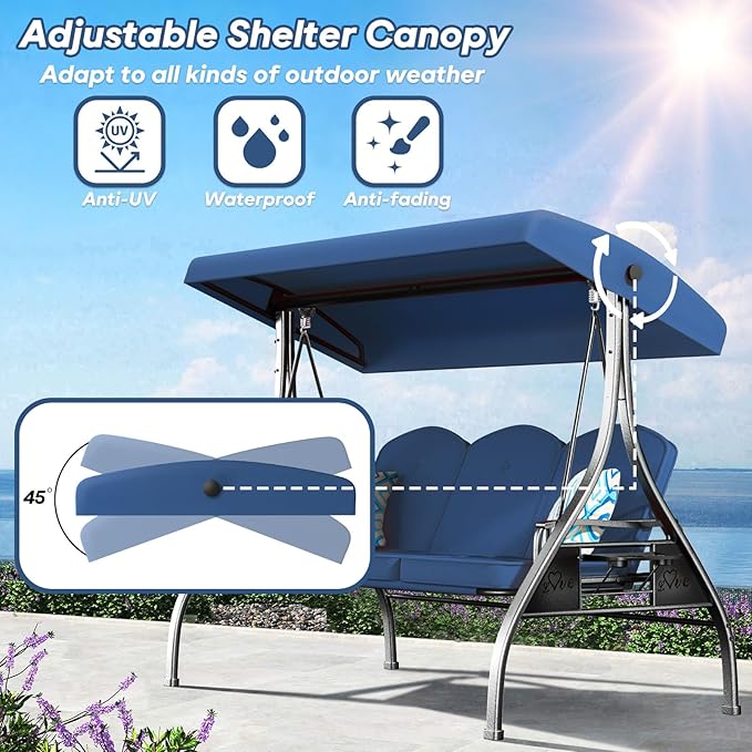 3 Seat Outdoor Porch Patio Swing with Stand 800lbs 2-in-1 Convertible Swing Bed with Adjustable Canopy & Removable Cushion for Yard Garden Deck (Blue, Square Tube)