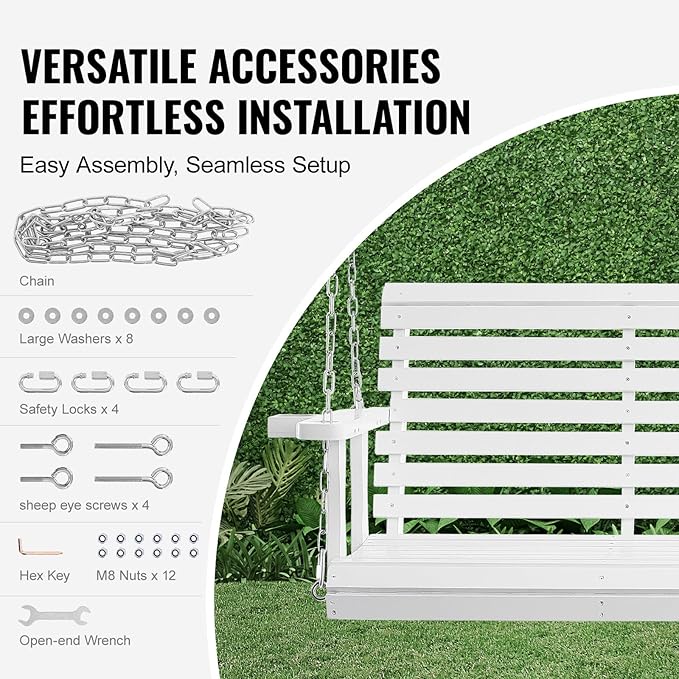VEVOR Wooden Porch Swing 5.5FT with 2 Side Cup Holders, Heavy Duty 880lbs Patio Swing, Outdoor Swing Hanging Chair, Bench Swing with Adjustable Chains for Front Porch, Yard, Balcony, Garden, White