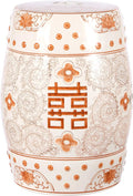 JONATHAN Y TBL1013D Double Happiness 18" Chinoiserie Ceramic Drum Indoor/Outdoor Garden Stool Bohemian, Coastal, Classic, Cottage, Traditional, Patio, Garden, Bathroom, Living Room, Orange/White