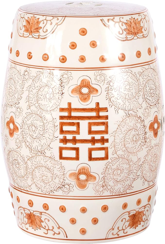 JONATHAN Y TBL1013D Double Happiness 18" Chinoiserie Ceramic Drum Indoor/Outdoor Garden Stool Bohemian, Coastal, Classic, Cottage, Traditional, Patio, Garden, Bathroom, Living Room, Orange/White