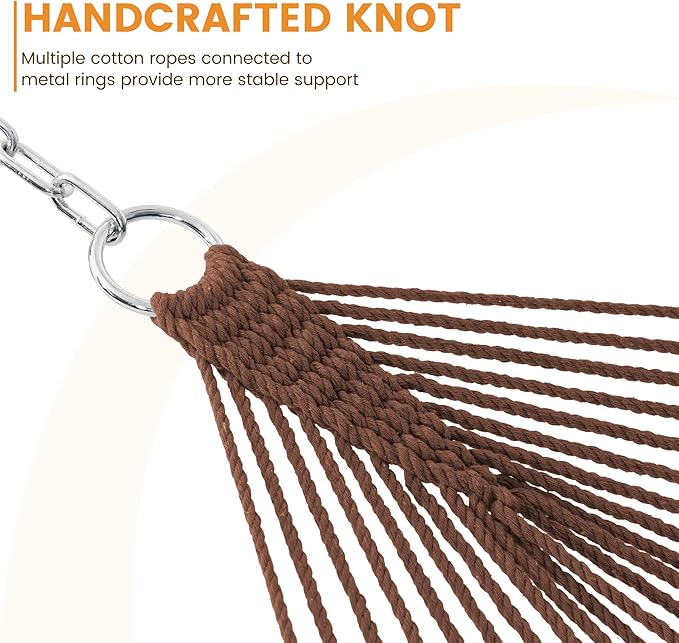 Lazy Daze Hammocks Double Rope Hammock, 2 Person Traditional Outdoor Hand Woven Cotton Rope Hammock with Spreader Bar, Carabiners, Tree Straps, Chains for Patio Yard - Max 450 Lbs, Dark Brown