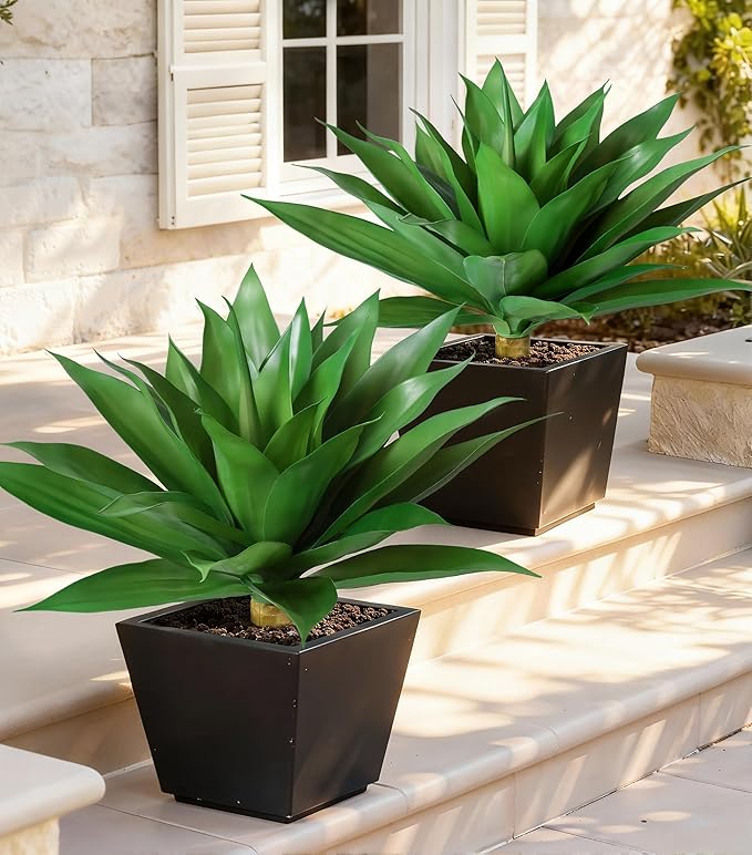 Ivydale Outdoor Faux Plants, 2 PCS 28" Artificial Agave Plant for Outdoors Outside Decoration, Large Fake Plants Realistic Greenery UV Resistant for Planter Porch Patio Yard Garden Indoor(Green)