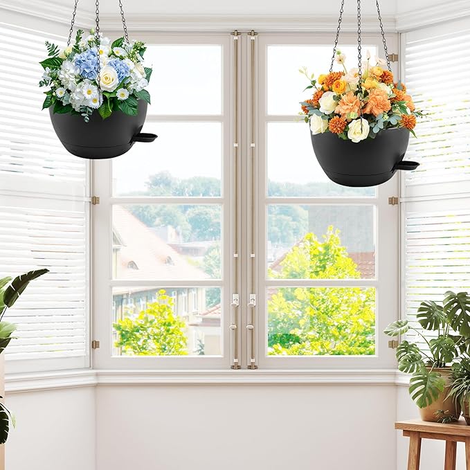 12 inch Hanging Planters for Indoor Plants, 2 Pack Self-Watering Hanging Planter Pots with Chain and Drainage Holes, Outdoor Plastic Hanging Baskets for Garden Home Decor (Black, 2pcs/12inch)