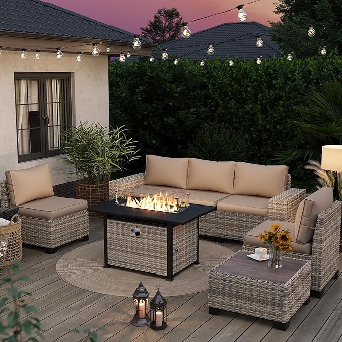 7-Piece Outdoor Patio Furniture Set with 55,000 BTU Fire Pit Table, PE Wicker Rattan Sectional Sofa Patio Conversation Set with Thickened Cushions & Coffee Table, Sand