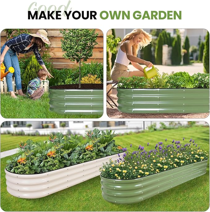 G GOOD GAIN Raised Garden Beds - 8x2x1ft Galvanized Planter Boxes Kit with Protective Tape & Gloves & Tools | Oval Metal Outdoor Raised Bed for Gardening Vegetables, Fruits, Flowers, Herbs, Oliver