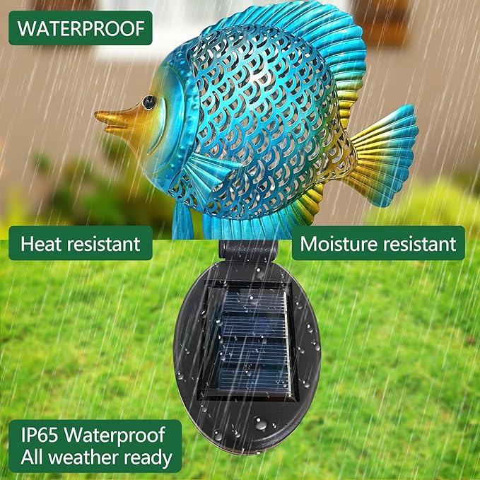 HONGLAND Outdoor Fish Solar Garden Lights with LED Light, Metal Fish Design Waterproof Solar Garden Decorative Stake for Lawn, Yard, Patio, Landscape Decoration