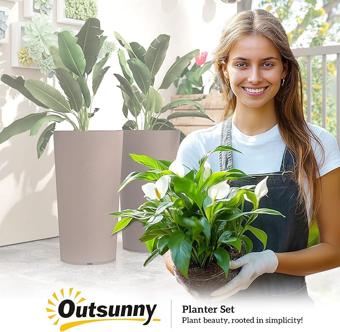 Outsunny 29 Inch Tall Planters for Outdoor Plants, Set of 2 Plastic Flower Pots with DIY Drainage Holes, Stackable Large Planters for Indoor Plants, Front Porch Decor, Brown