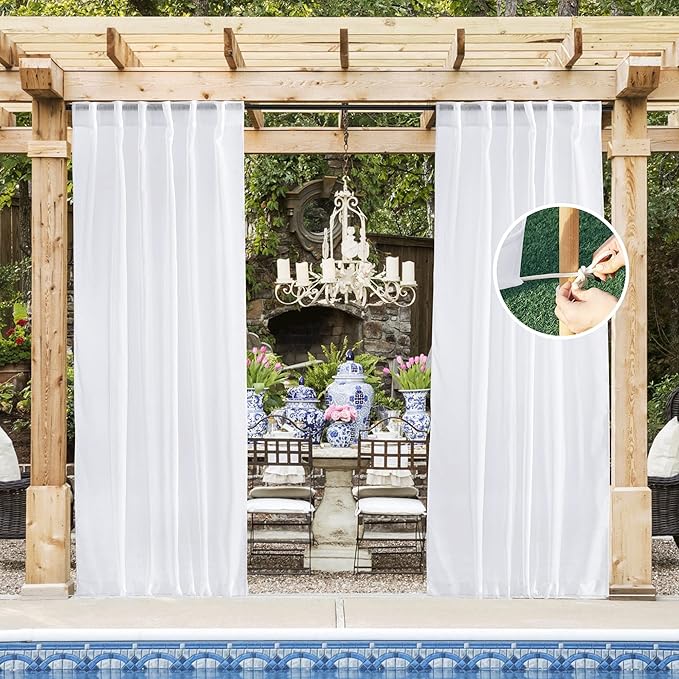 NICETOWN Outdoor Sheer White Weighted Curtains Rod Pocket Back Tab 120 inch Length 2 Panels Set W54, Light Filtering Grommet Mosquito Netting Curtains for Patio/Cabana/Pergola/Porch