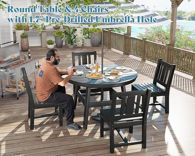 AMERLIFE 5 Piece HDPE Outdoor Dining Table & Chairs Set, All-Weather Patio Table and Chairs Set Furniture with Umbrella Hole for Garden, Backyard, Poolside, Seaside, Black