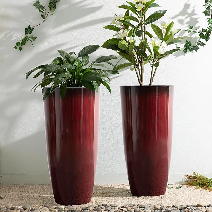 Glitzhome 30" H Oversized Tall Planter, Set of 2 Large Outdoor Planters with Drainage Holes, Gradient Red Faux Ceramic Finish, Large Flower Pots Plastic Plant Pots for Indoor Outdoor Front Door Patio