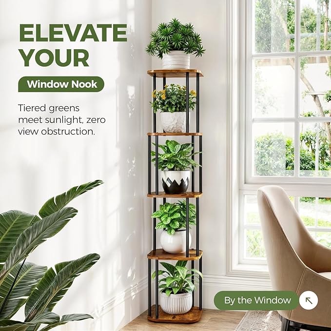 Bamworld Tall Plant Stand Indoor, Corner Plant Shelf for Multiple Plants, 5 Tier Metal Flower Pot Stands for Patio Garden Balcony Living Room Bedroom