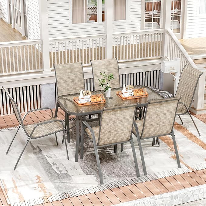 TLSUNNY 7 Pieces Patio Dining Set, Outdoor Table and Chairs W/1.69″ Umbrella Hole, 30"X 55" Table and Stackable Textilene Chair, All Weather Patio Furniture Set (Umbrella not Included) (Brown)