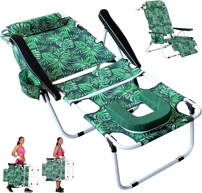 ABORON Tanning Chair with Face Hole, 5-Position Adjustable Reclining Beach Lounge Chair, Folding Face Down Sun Lounger for Beach, Poolside, Patio, Lawn, Home(Tropical Leaf)