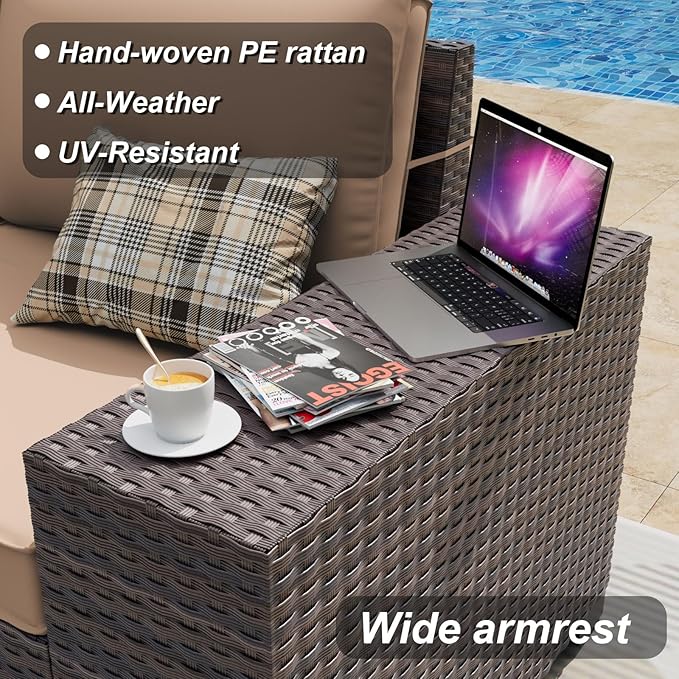 ALAULM 13 Pieces Patio Furniture Set with Propane Fire Pit Table Patio Sectional Sofa 43" Gas Fire Pit Brown PE Rattan Patio Conversation Set w/10 Seat Cushions-Sand