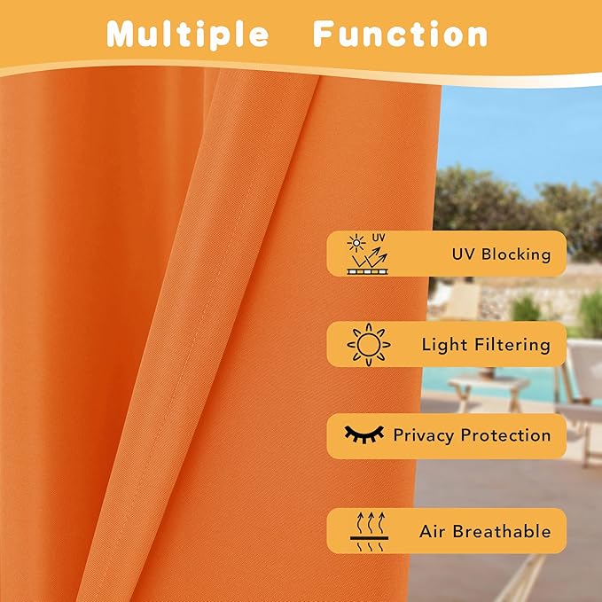 HolidayIdeas Outdoor Curtains for Patio Waterproof, 4 Panels - 54 x 120 Inch - Privacy Protection & Light Filtering Curtains Grommet Outside Curtains for Porch, Backyard (Mecca Orange)