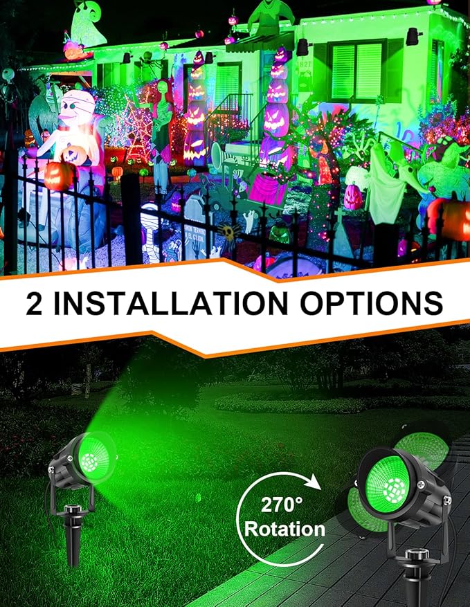 Green LED Spot Lights Outdoor, 14 LED Landscape Lighting with US Plug, IP65 Waterproof Spotlights for Tree Yard Garden Pathway Flag St. Patrick's Day Halloween Christmas Decor 2 Pack