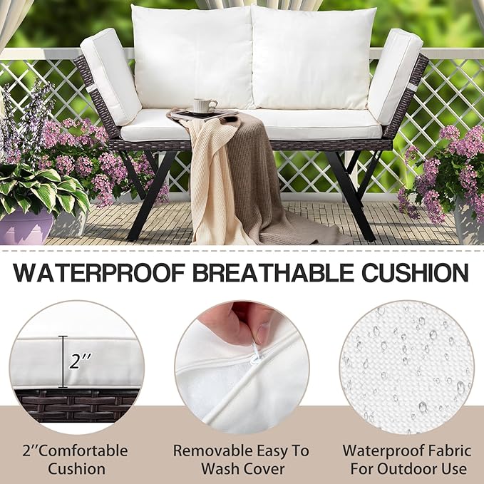 VINGLI Outdoor Loveseat, Woven Rattan Outdoor Sofa with Adjustable Armrests, Patio Loveseat with Removable Cushions and Pillows, Convertible Patio Couch for Yard Pool Balcony