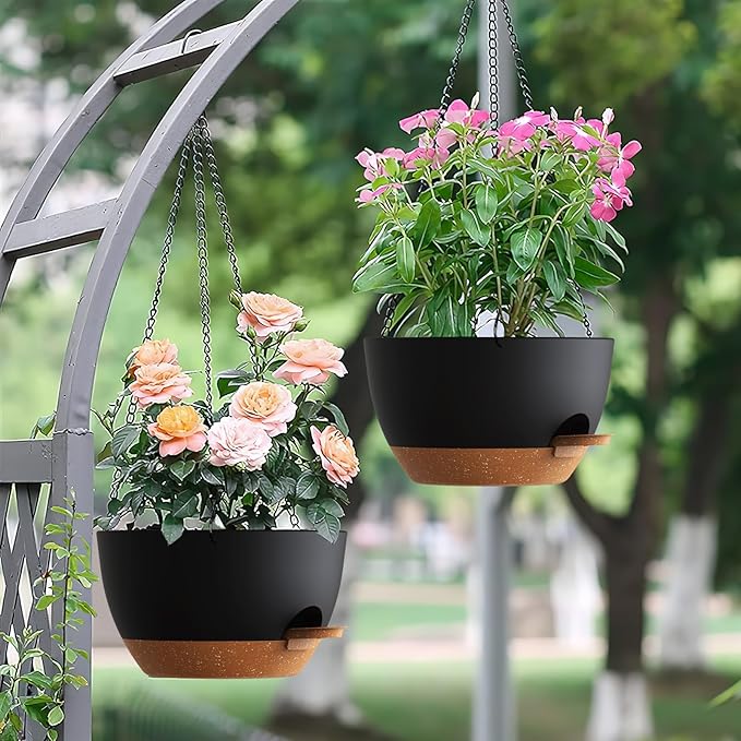 Set of 3-10 Inch Self Watering Hanging Planters for Indoor Outdoor，Hanging Plant Pots with Drainage & Removable Tray, Hanging Pots Holder for Ivy, Pothos, Ferns, Balcony & Patio, Black with Brown