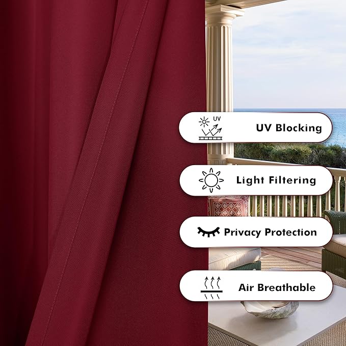 BONZER Outdoor Curtains for Patio Water Resistant Heavy Privacy Light Filtering Grommet Outside Curtains for Porch, Pergola, Gazebo, 1 Panel, 54W x 95L inch, Red